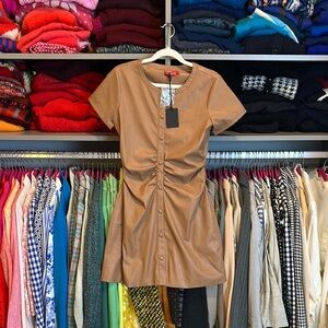 Philanthropy brown faux leather short sleeve button down dress size S NWT